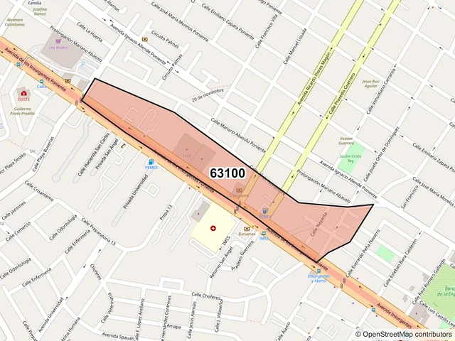 Mapa del código postal 63100, Tepic, Nayarit