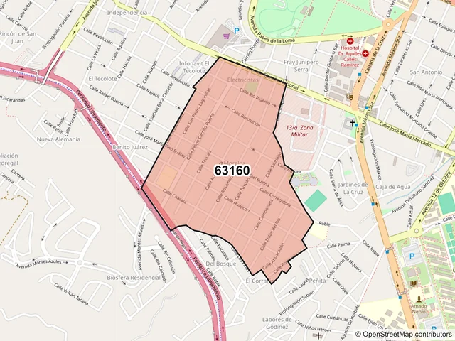 Mapa del código postal 63160, Tepic, Nayarit