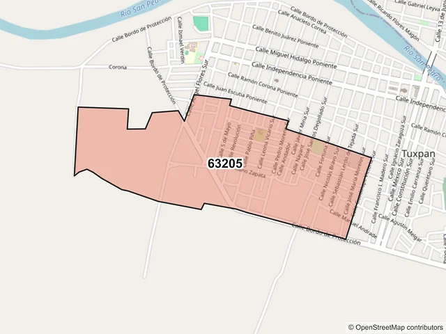 Mapa del código postal 63205, Tuxpan, Nayarit
