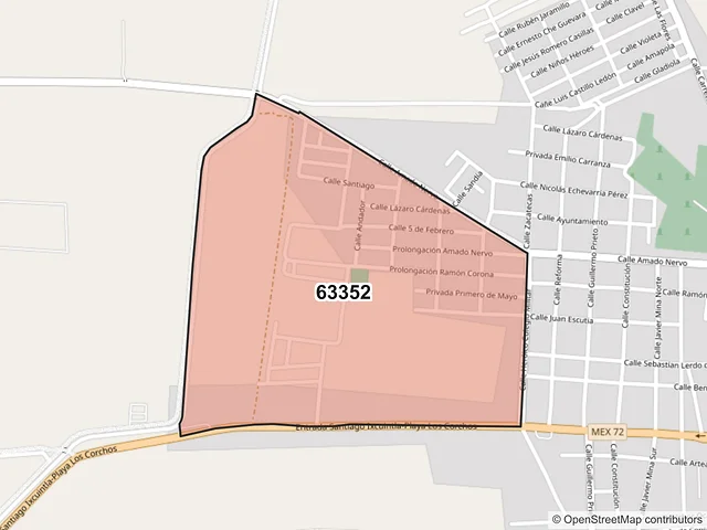 Mapa del código postal 63352, Santiago Ixcuintla, Nayarit