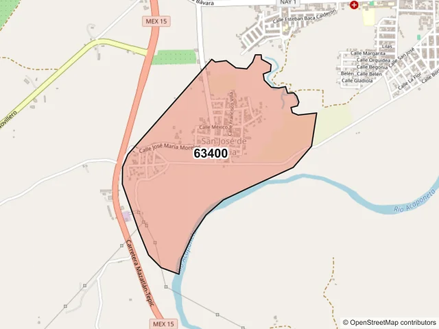 Mapa del código postal 63400, Acaponeta, Nayarit