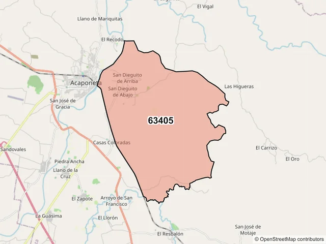 Mapa del código postal 63405, Acaponeta, Nayarit