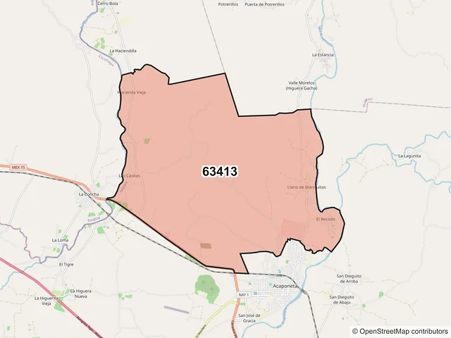 Mapa del código postal 63413, Acaponeta, Nayarit