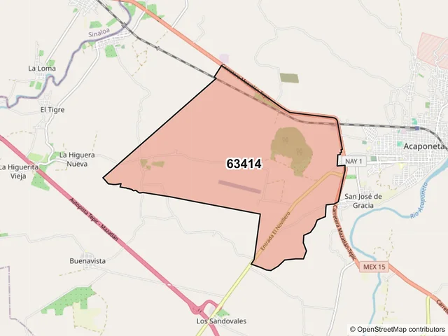 Mapa del código postal 63414, Acaponeta, Nayarit