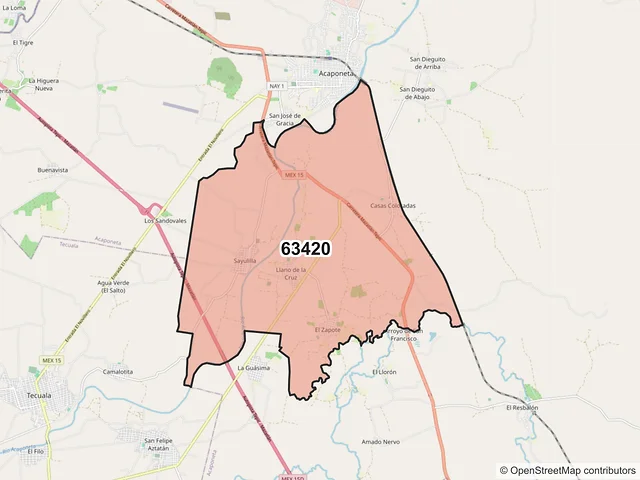 Mapa del código postal 63420, Acaponeta, Nayarit