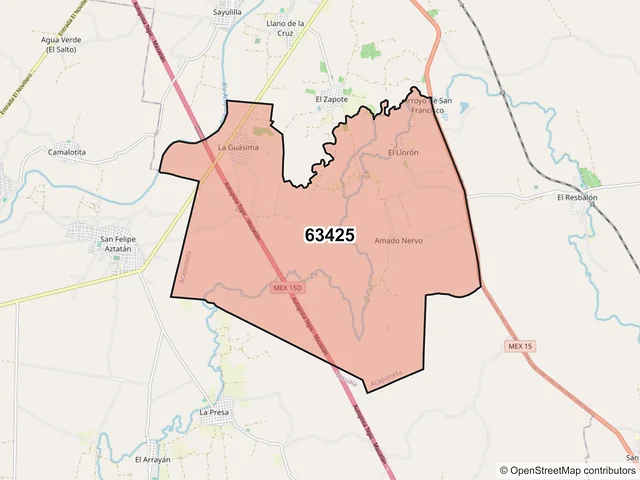 Mapa del código postal 63425, Acaponeta, Nayarit
