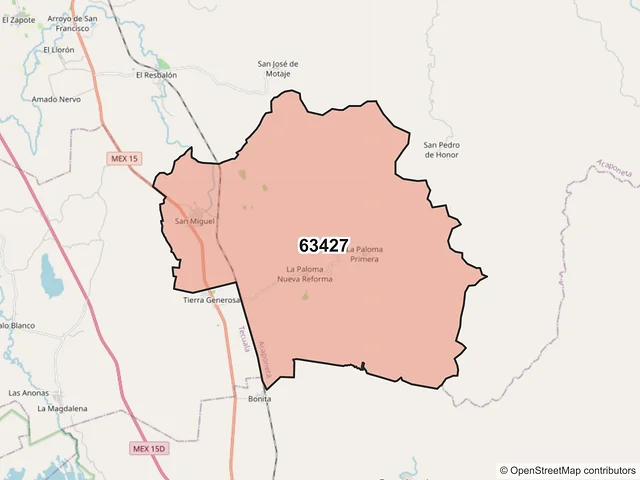 Mapa del código postal 63427, Acaponeta, Nayarit