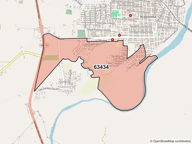 Mapa del código postal 63434, Acaponeta, Nayarit