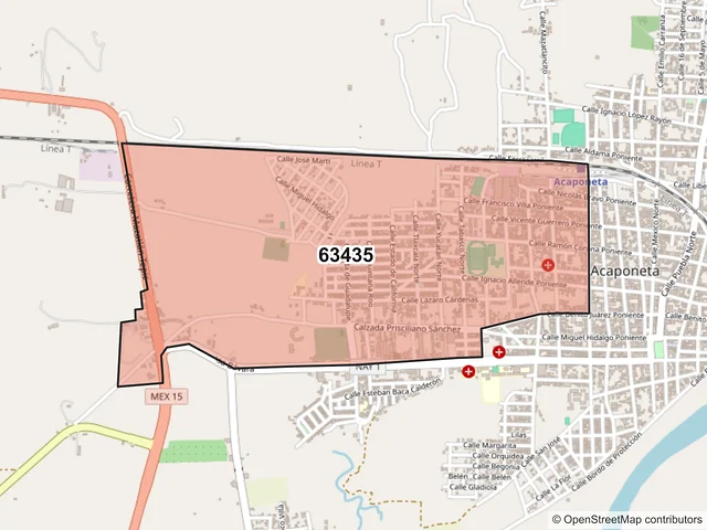 Mapa del código postal 63435, Acaponeta, Nayarit