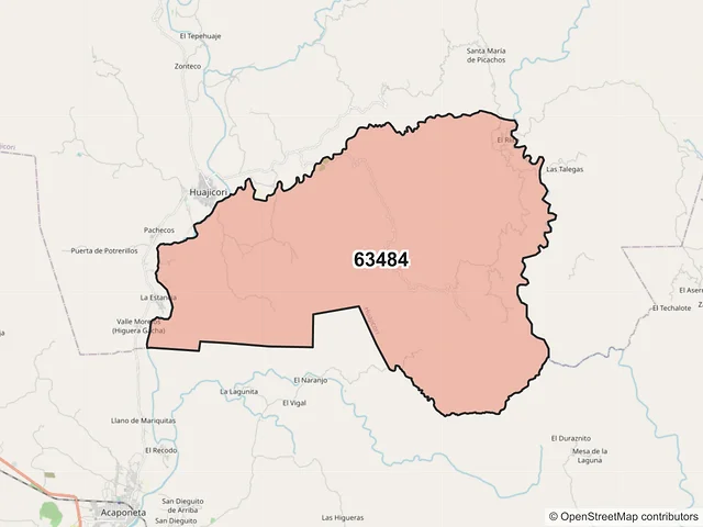 Mapa del código postal 63484, Huajicori, Nayarit