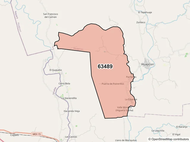Mapa del código postal 63489, Huajicori, Nayarit