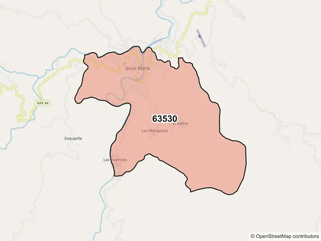 Mapa del código postal 63530, Del Nayar, Nayarit