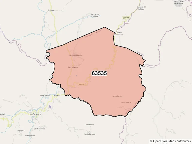 Mapa del código postal 63535, Del Nayar, Nayarit