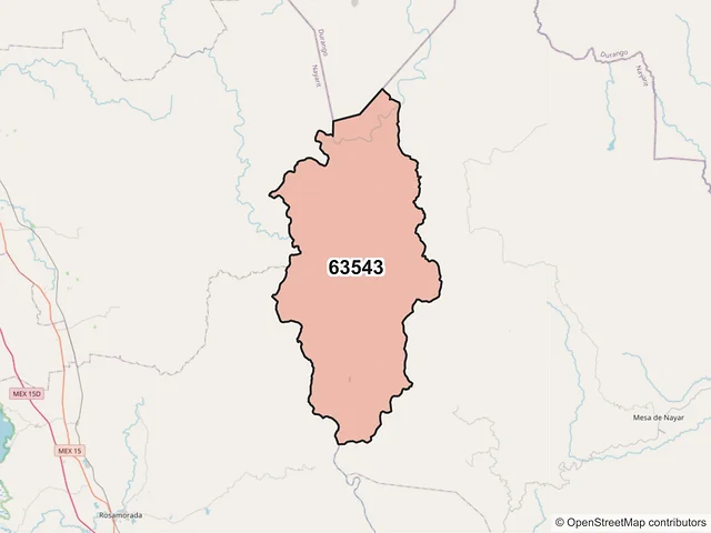 Mapa del código postal 63543, Del Nayar, Nayarit