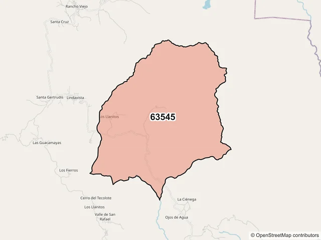 Mapa del código postal 63545, Del Nayar, Nayarit