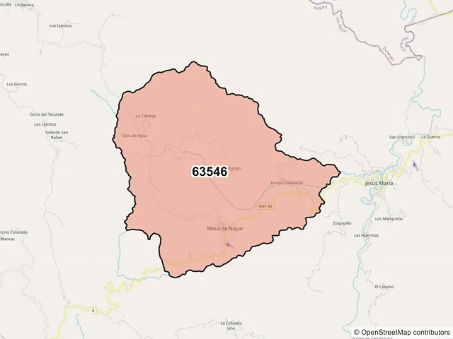 Mapa del código postal 63546, Del Nayar, Nayarit