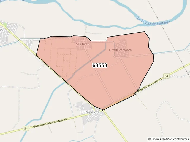 Mapa del código postal 63553, Santiago Ixcuintla, Nayarit