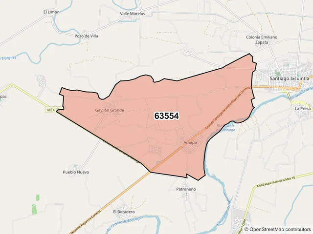 Mapa del código postal 63554, Santiago Ixcuintla, Nayarit