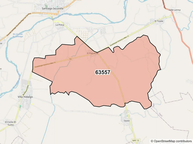 Mapa del código postal 63557, Santiago Ixcuintla, Nayarit