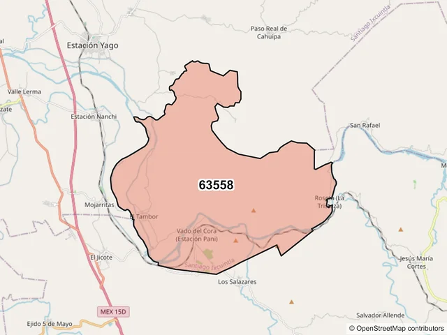 Mapa del código postal 63558, Santiago Ixcuintla, Nayarit