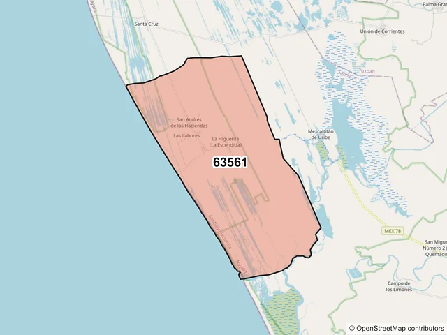 Mapa del código postal 63561, Santiago Ixcuintla, Nayarit