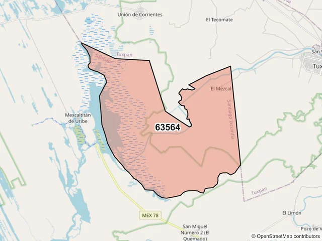 Mapa del código postal 63564, Santiago Ixcuintla, Nayarit