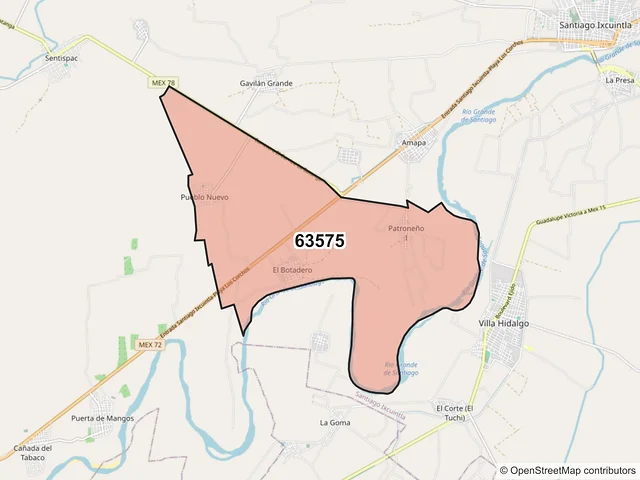 Mapa del código postal 63575, Santiago Ixcuintla, Nayarit