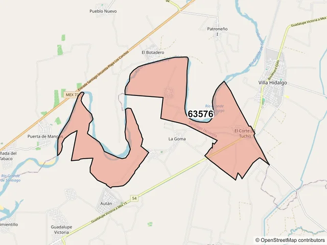 Mapa del código postal 63576, Santiago Ixcuintla, Nayarit