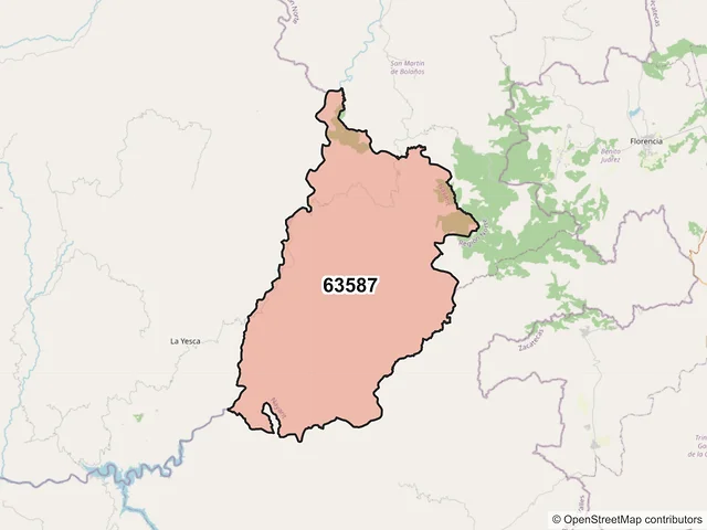Mapa del código postal 63587, La Yesca, Nayarit