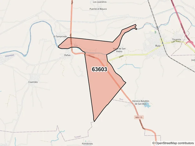 Mapa del código postal 63603, Ruíz, Nayarit
