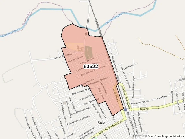 Mapa del código postal 63622, Ruíz, Nayarit