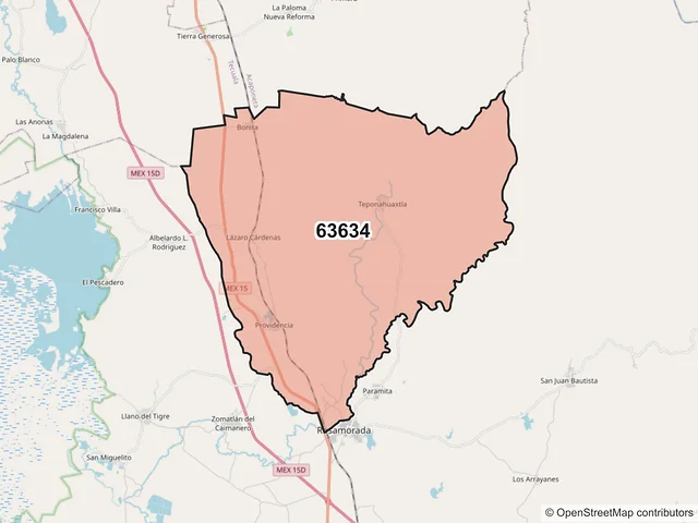 Mapa del código postal 63634, Rosamorada, Nayarit