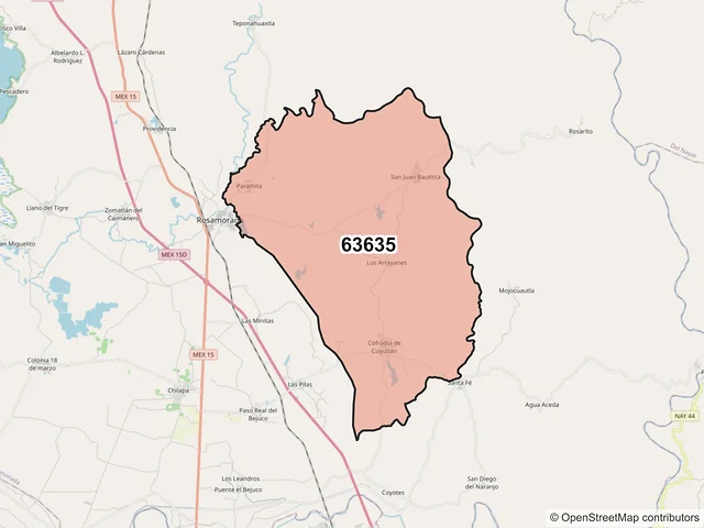 Mapa del código postal 63635, Rosamorada, Nayarit