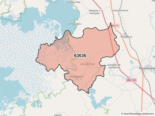 Mapa del código postal 63636, Rosamorada, Nayarit