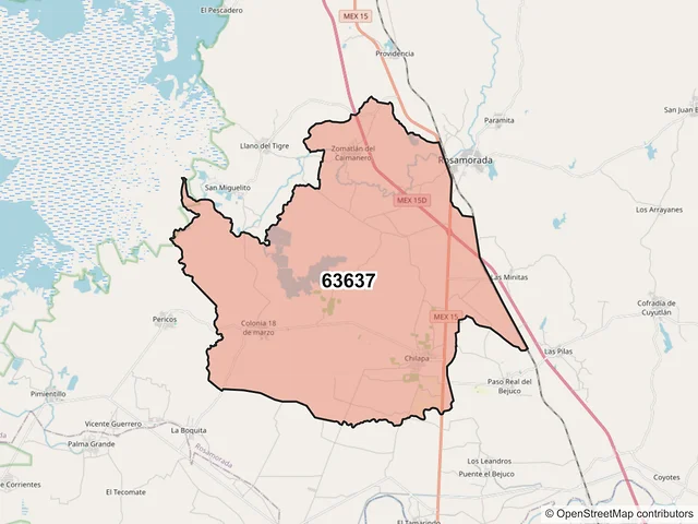 Mapa del código postal 63637, Rosamorada, Nayarit