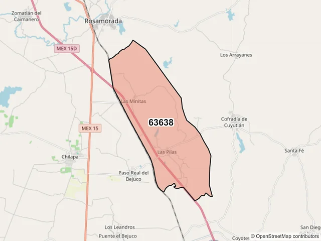 Mapa del código postal 63638, Rosamorada, Nayarit