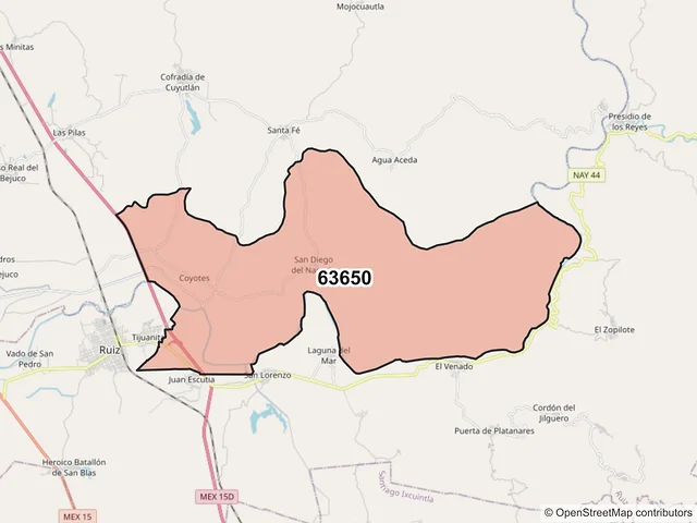 Mapa del código postal 63650, Rosamorada, Nayarit