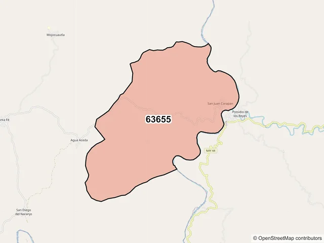 Mapa del código postal 63655, Rosamorada, Nayarit