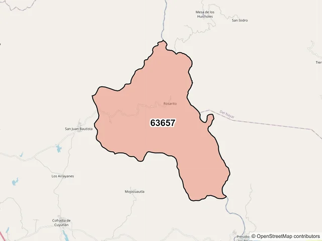 Mapa del código postal 63657, Rosamorada, Nayarit