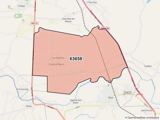 Mapa del código postal 63658, Rosamorada, Nayarit