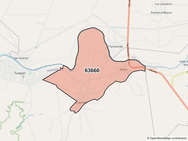 Mapa del código postal 63660, Tuxpan, Nayarit