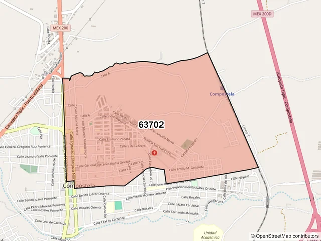 Mapa del código postal 63702, Compostela, Nayarit