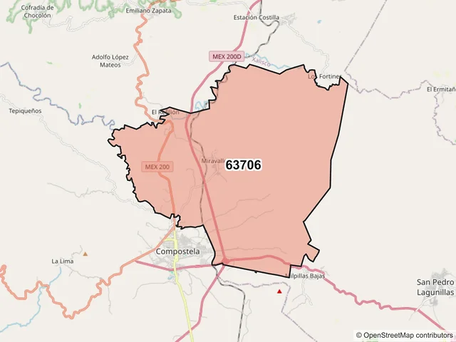 Mapa del código postal 63706, Compostela, Nayarit