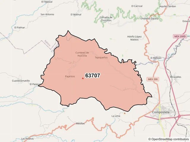 Mapa del código postal 63707, Compostela, Nayarit