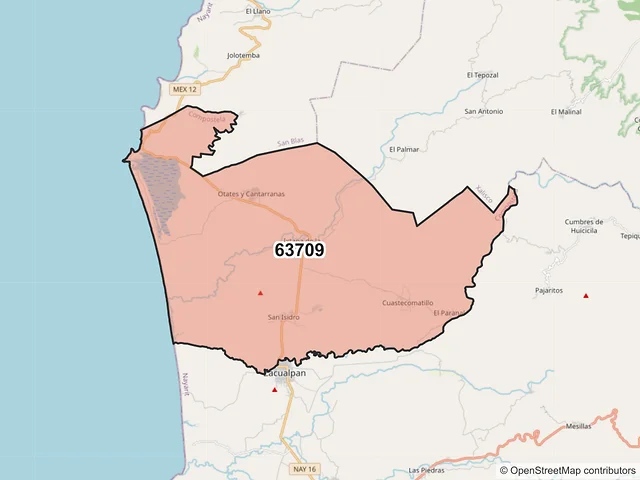 Mapa del código postal 63709, Compostela, Nayarit