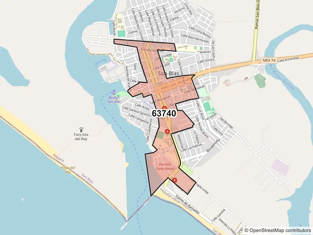 Mapa del código postal 63740, San Blas, Nayarit