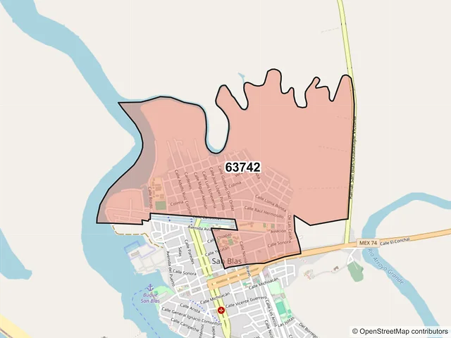 Mapa del código postal 63742, San Blas, Nayarit