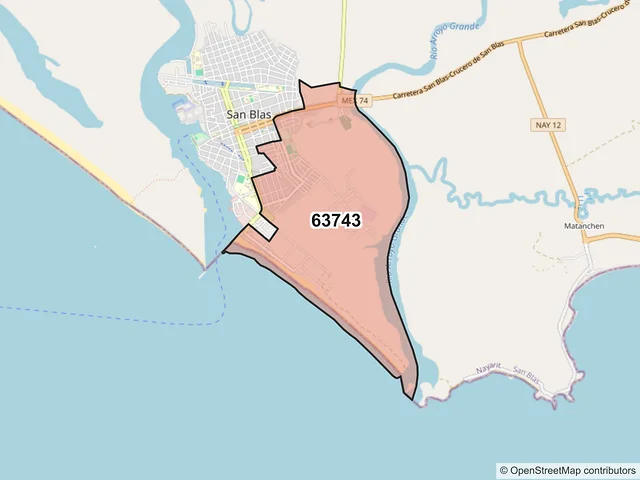 Mapa del código postal 63743, San Blas, Nayarit