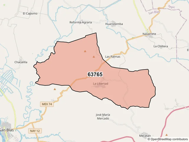 Mapa del código postal 63765, San Blas, Nayarit
