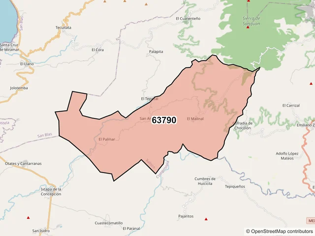 Mapa del código postal 63790, Xalisco, Nayarit